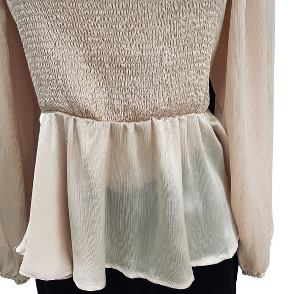 Entro Blush Smocked Peplum Top Long Sleeve Ruffle Sheer Sleeve Cottagecore - Picture 6 of 11